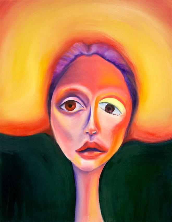 The painting is of an abstracted white woman from the neck up facing straight forward. She has purple-pink hair and is wearing a large golden hat. The woman’s neck is extremely long. Charcoal is present in her left eye (from the viewer’s perspective). Within her skin tone are strong hints of red, orange, purple, and pink. The background is a rich forest green color. 