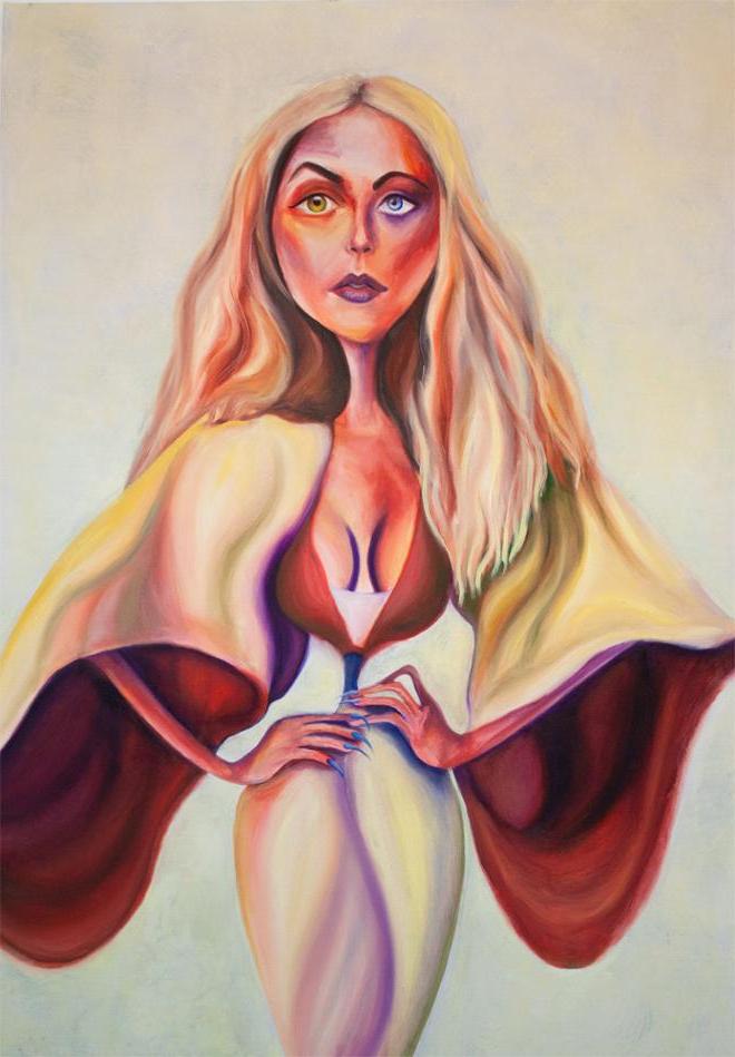 The painting is of an abstracted white woman with her hands on her hips facing frontward. She has blonde hair with reddish-orange highlights. She is wearing an orange and yellow dress with oversized sleeves and a blue waist. Color is highly intensified throughout the painting. The woman has long blue nails. She has a long, thin neck and an almost non-existent waist. One eye is blue, and the other is green. The background is lightly textured and has a pale-yellow color. 