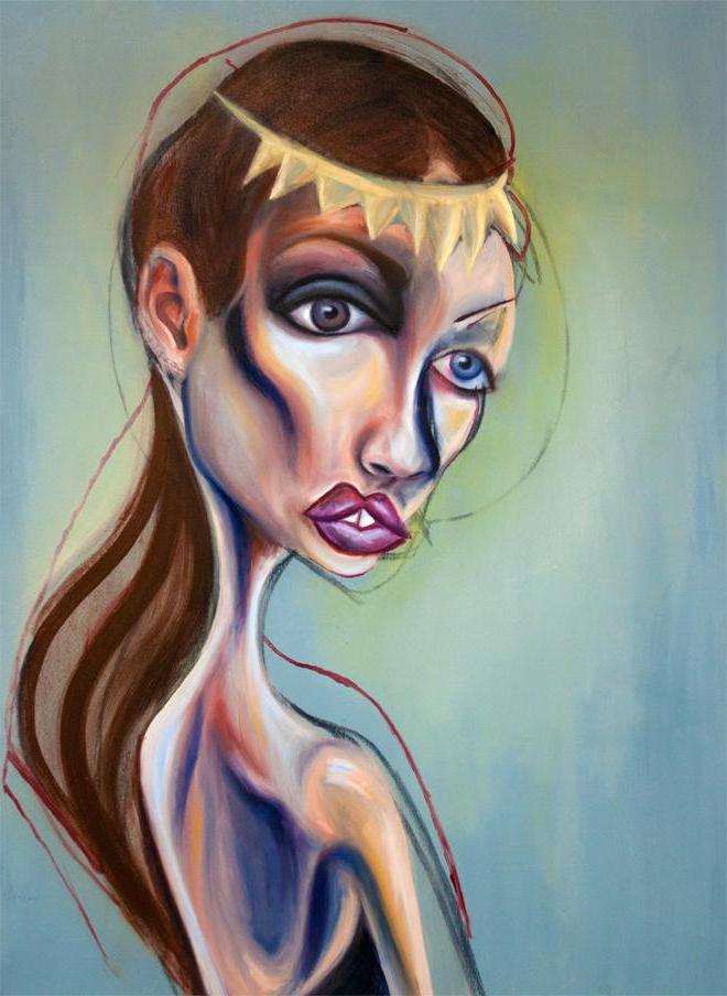 The painting is of a white woman from the bust-up. She is facing the viewer with her back turned towards us. She has brown hair tied back in a hair tie. She is wearing a pale yellow crown. Her neck, along with other features, is greatly exaggerated. Throughout her skin tone are icy and dark blues. Initial drafts of the figure are present in the finished piece. There is a slight, yellow glow surrounding her. 