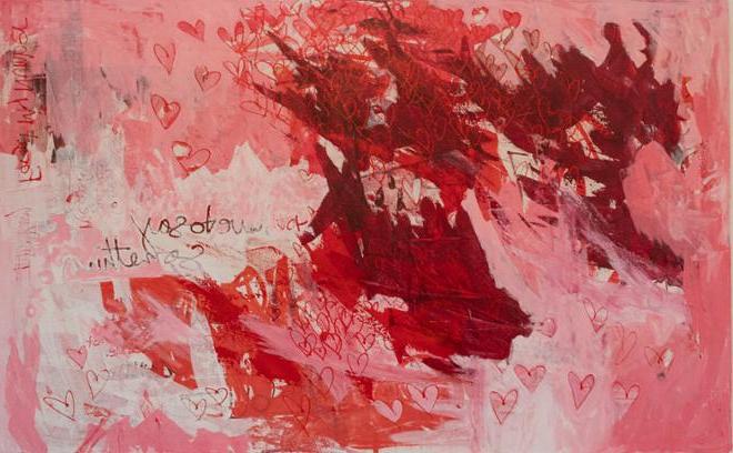 “With Love, The Artist”: A pink painting with text and hearts